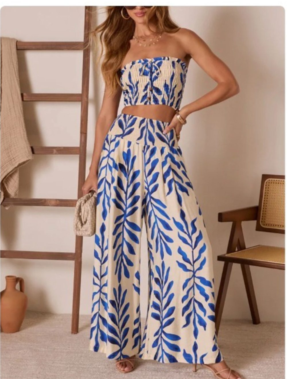 Aakaa NWT Womens Blue Tropical Leaf Halter Crop Top Wide Leg Pants Size L Resort